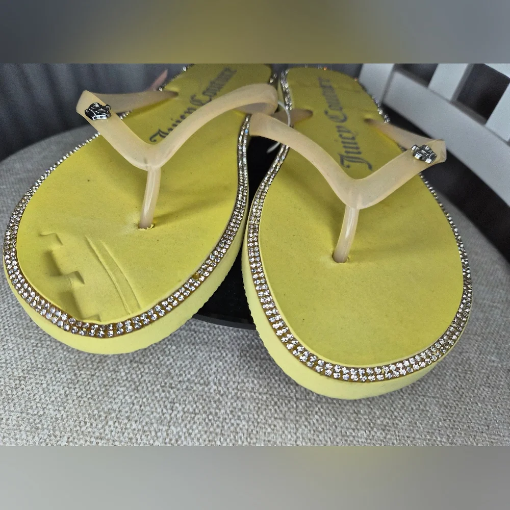 NWT Juicy Couture Yellow Flip Flops with Rhinestone Trim